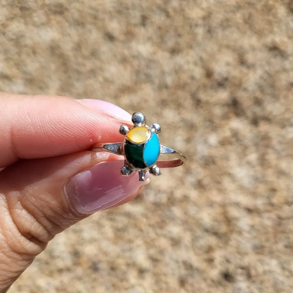 Native American Handmade Mini Turtle Multi Stones Zuni Inlay Ring Turquoise Opal